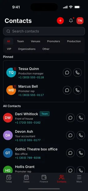 The Tourouter Contacts screen, showing pinned promoter and venue contacts with call and message actions.