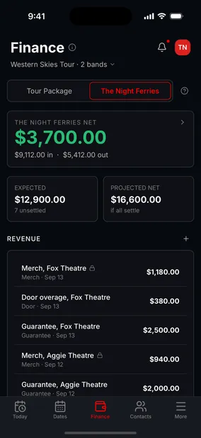 The Tourouter Finance screen, showing net so far, expected income, and a list of unsettled shows with their guarantees.