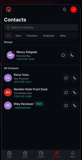 The Tourouter Contacts screen, showing pinned promoter and venue contacts with call and message actions.
