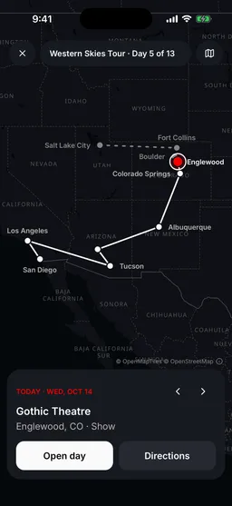 The Tourouter route map on a phone: the Western Skies Tour, with tonight at the Gothic Theatre and Directions a tap away.