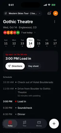 The Tourouter Today screen on a phone: the Gothic Theatre, with load in up next and the day's schedule.