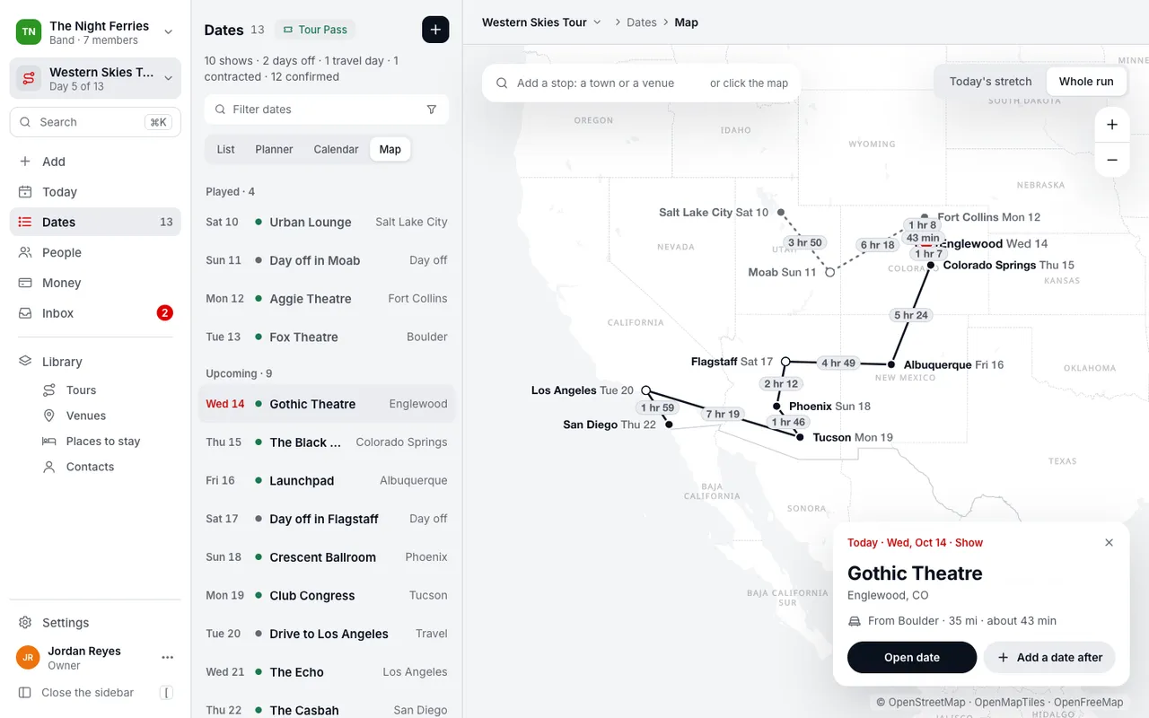 The Tourouter route map on the web: the Western Skies Tour from Salt Lake City down to San Diego, every leg with its drive time, and tonight's show in Englewood picked out.