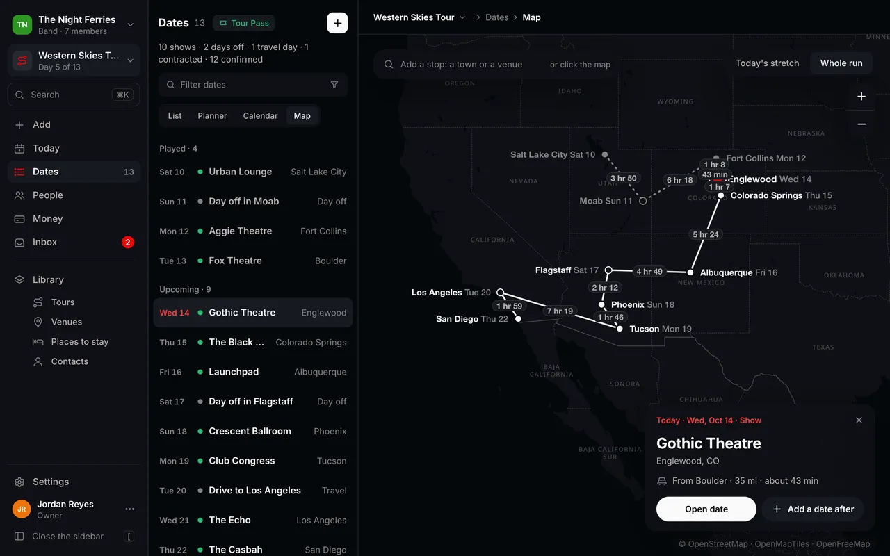 The Tourouter route map: the Western Skies Tour from Salt Lake City down to San Diego, each stop labelled with its night and every leg with its drive time.