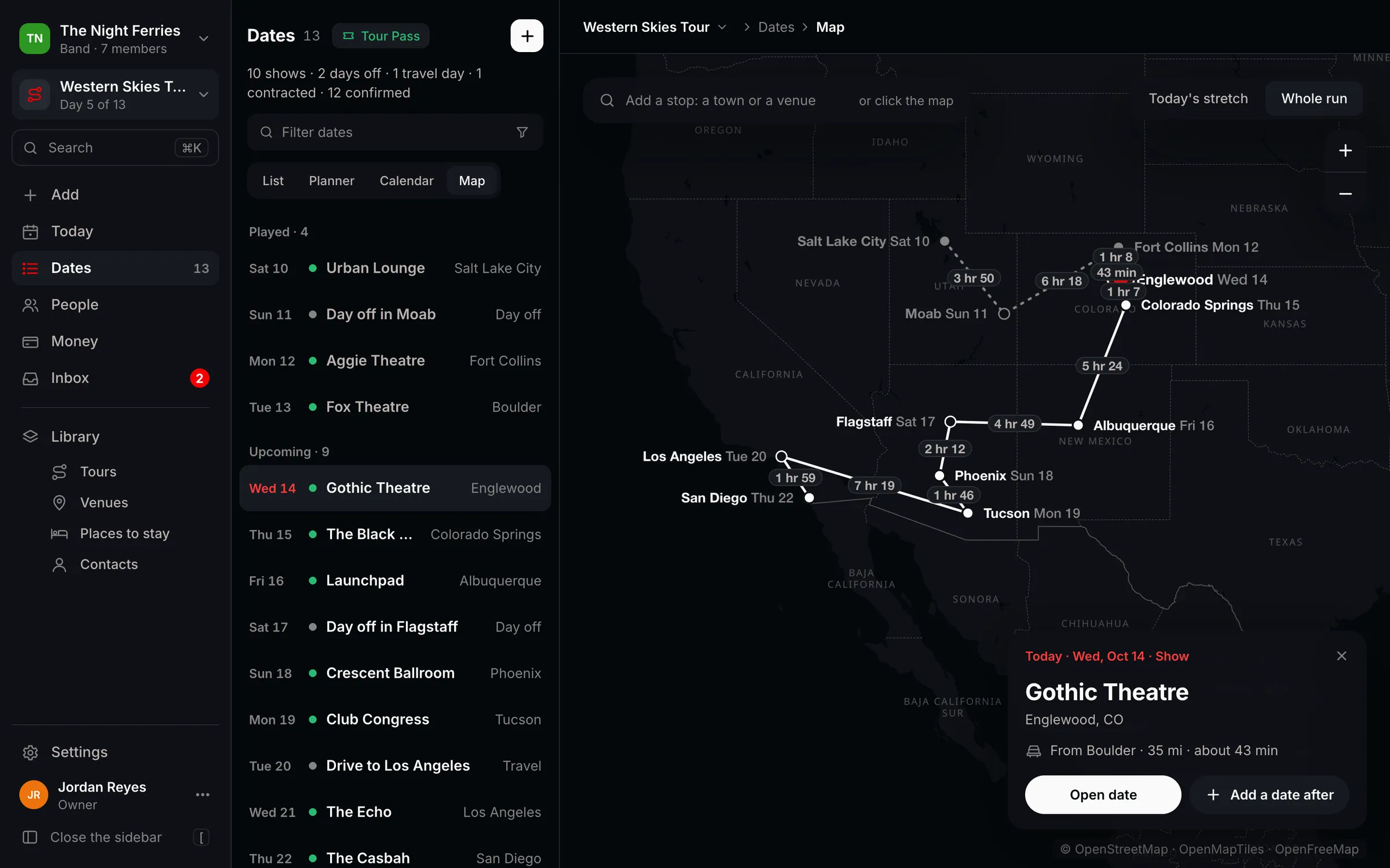 The Tourouter route map: the Western Skies Tour from Salt Lake City down to San Diego, each stop labelled with its night and every leg with its drive time.